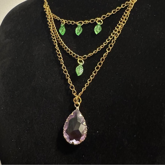 Fairycore Purple Ombre Crystal Pendant Green Leaf Necklace - Picture 7 of 16